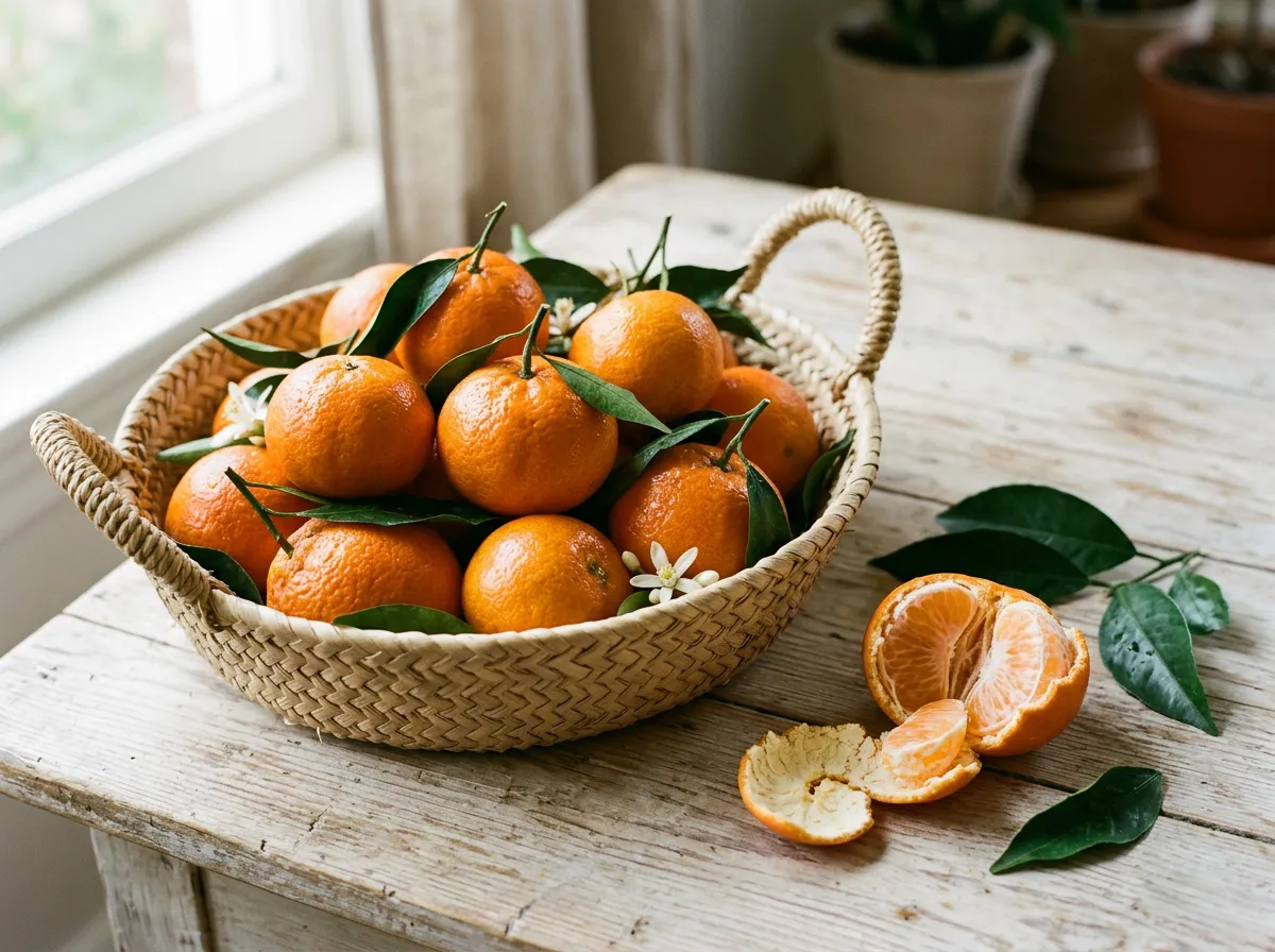 Ripe mandarins with glossy peel and attached leaves in a shallow basket