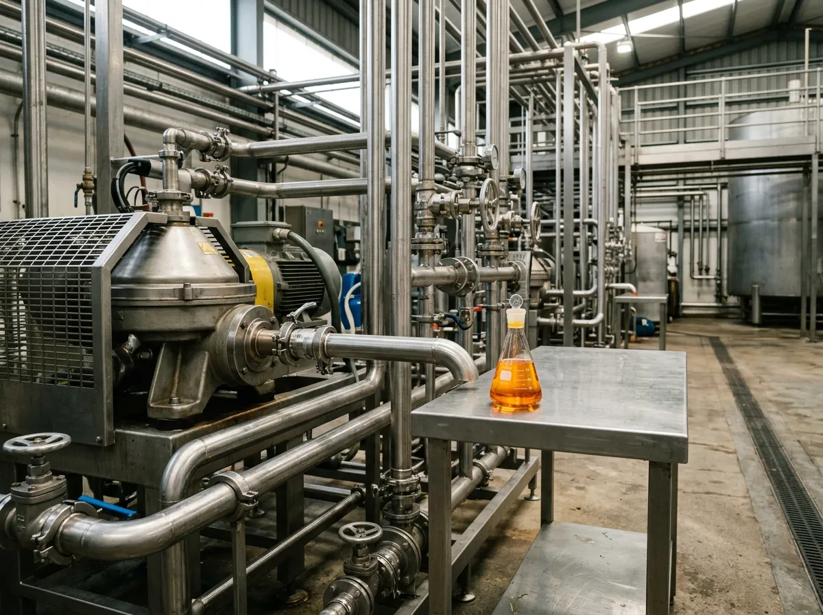 High-speed polishing centrifuge and stainless pipework in a citrus processing plant